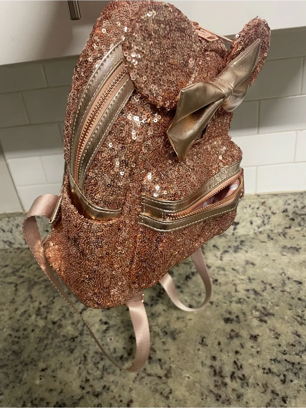 Disney Parks Loungefly Rose Gold Sequined Minnie Mouse Mini Backpack collectible